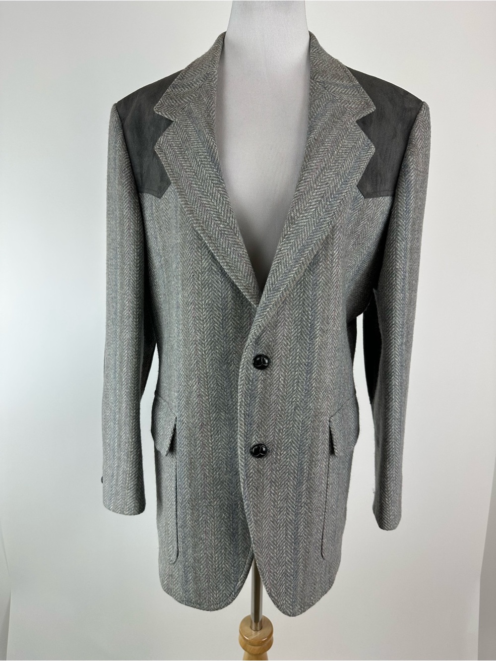 Pendleton Vintage Gray Wool Herringbone Leather Trim Suit Blazer Size 42